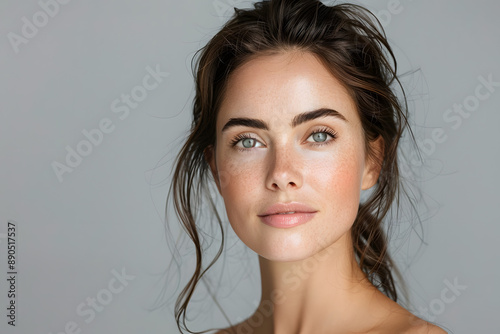 Beautiful woman with blue eyes and her hair up on a plain background