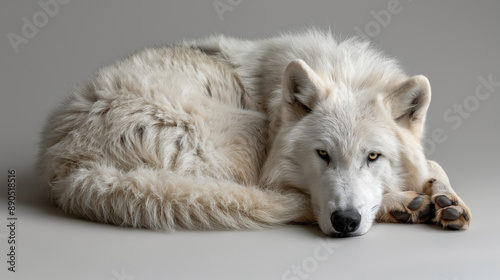 White wolf lying down with a calm yet alert expression, showcasing its fluffy fur and majestic presence on a plain background.