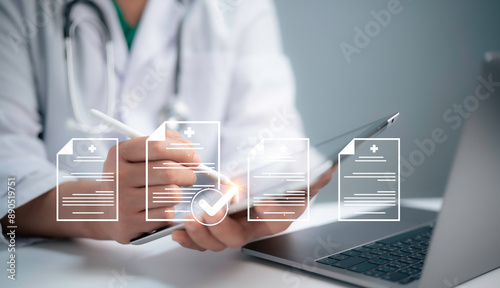 A medical worker fills out a business performance document checklist on a laptop. This digital form includes online surveys, questionnaires, and assessment forms