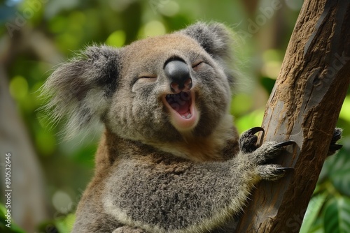 A cheerful koala hugging a tree trunk while laughing, captured in an outdoor setting with a background showing natural foliage.