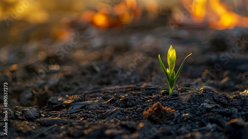 Life after disaster, like a new plant growing from the ashes of a fire. Nature's ability to renew itself after destruction. Rebirth.