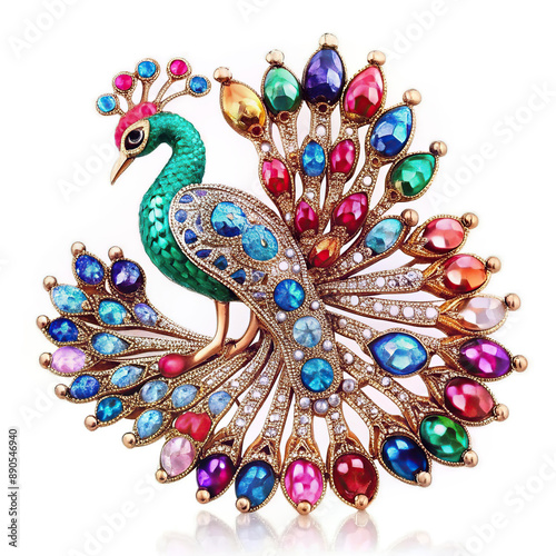 A peacock brooch adorned with colorful stones