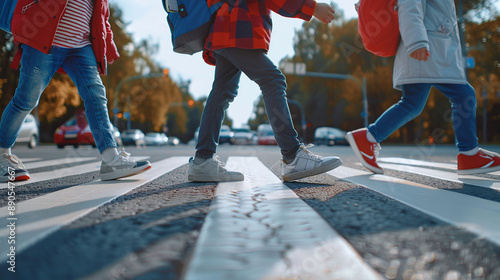 Close-up of schoolchildren safely crossing the street at a marked pedestrian crossing on their way to school. 