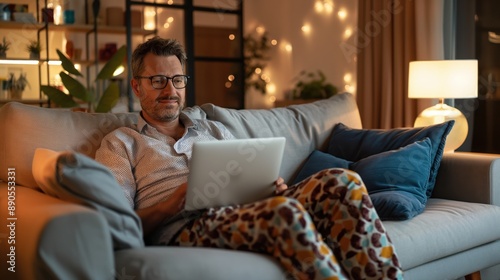 Man sitting comfortably on a couch using a laptop in a cozy and warmly lit living room with decorative lights and plants.