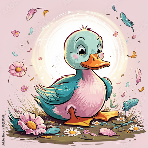 Adorable Duckling with Flowers and Feathers