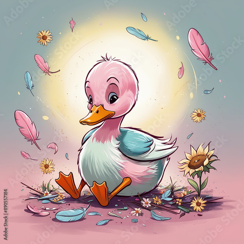 Charming Duckling with Sunflowers and Feathers