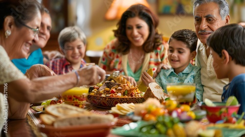 A family gathering around a table filled with traditional Hispanic foods, celebrating Hispanic Heritage Month in high definition.