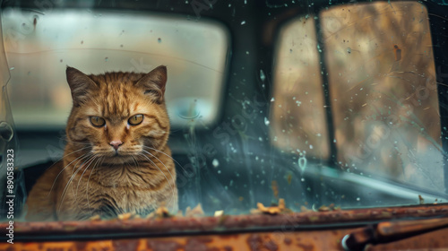 A dejected ginger cat sits in the back of a closed car, its face pressed against the closed window, staring out with a sad expression.