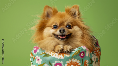 A beaming Pomeranian nestles comfortably in a floral tote bag against a bright green background, its fluffy fur and cheerful demeanor shining.