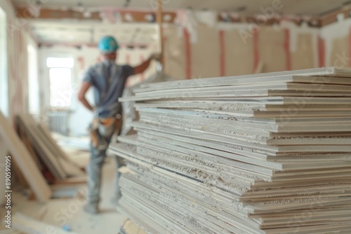 A stack of gypsum boards ready for installation, with a construction worker preparing house under renovation