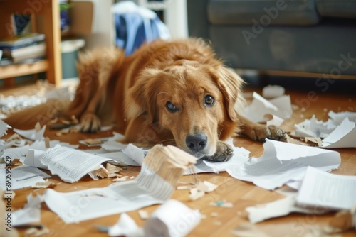 dog made a mess at home, tore up papers and documents messy floor, crazy dog behavior while alone