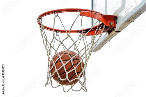 Basketball falling into the net on a hoop isolated on a white background