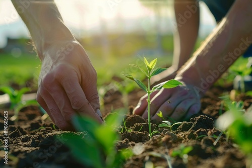 Hands Planting a Young Seedling in a Sunlit Garden, Symbolizing Sustainability and Environmental Conservation