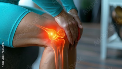 Woman suffers from pain in knee injury, tendon problems from a workout and osteoarthritis and articular inflammation, Woman suffering from pain in knee