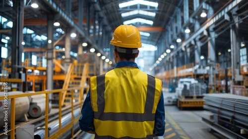 A factory worker wearing a yellow safety helmet and high-visibility vest inspects the factory plant, emphasizing industrial safety and efficiency in manufacturing processes.