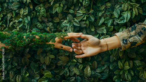 Deux mains se touchant, l'une couverte de mousse verte et l'autre nue, sur un fond de feuilles.