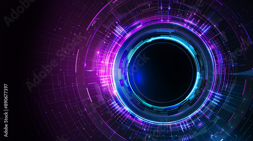 Digital blue and purple tech circle on dark background. Science, futuristic digital technologies concept. 