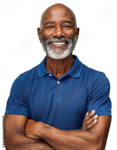 Happy senior Black man in his 60s, smiling warmly with a gray beard, wearing a blue polo shirt and smiling