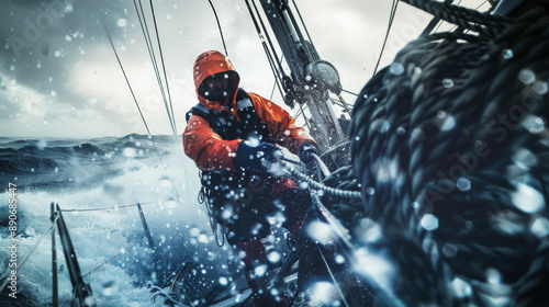 Clad in orange rain gear, a sailor persists against the wild, icy seas, gripping tightly to ropes amidst relentless ocean spray.