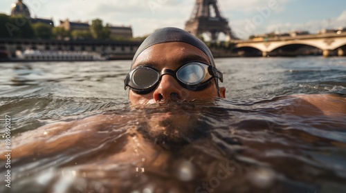 Swimming in the river Seine in Paris, France, beside the Eiffel Towner