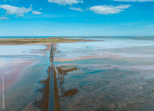 Lindisfarne, Northumberland, UK, June 19, 2024; high level aerial view to the west of Lindisfarne Causeway, Holy Island, Northumberland, England, UK.