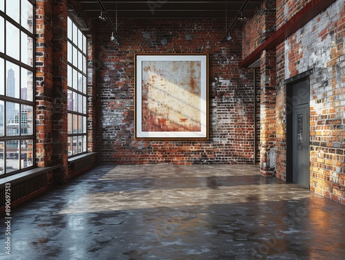 A spacious industrial loft space with large windows allows an abundance of natural light and minimalistic artistic rustic wall art.