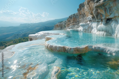 This image showcases the breathtaking Pamukkale thermal pools with their turquoise waters and beautiful mountainous backdrop, capturing a serene and otherworldly natural landscape.