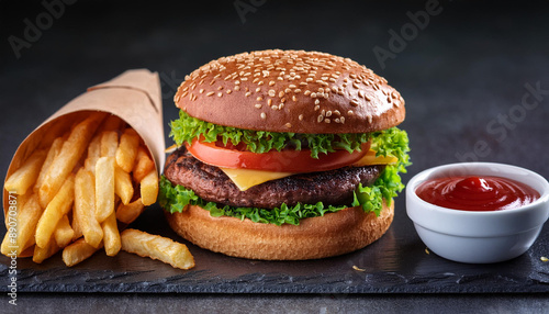 hamburger with French fries and ketch up