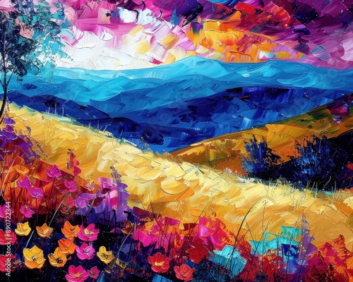 Vibrant Abstract Landscape Painting with Colorful Flowers, Rolling Hills, and Majestic Mountains Under a Dramatic Sky