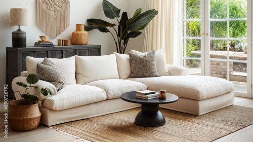 White linen sectional sofa with black coffee table, area rug and large french doors, copy space