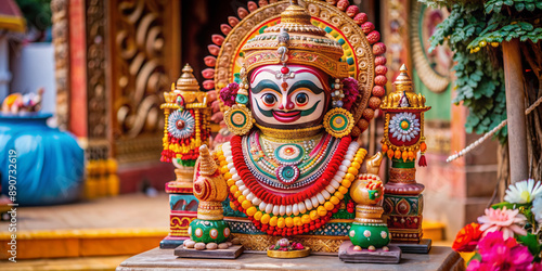 Intricately carved wooden idol of Lord Jagannath, adorned with vibrant colors and ornaments, sits serenely on a decorative pedestal, awaiting devotion and worship.