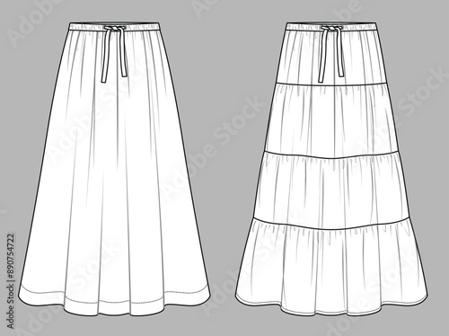 Vector tired maxi skirt fashion CAD, woman bohemian flared skirt with gathering technical drawing, template, flat, sketch. 2 pcs set of jersey or woven fabric skirt with front, back view, white color