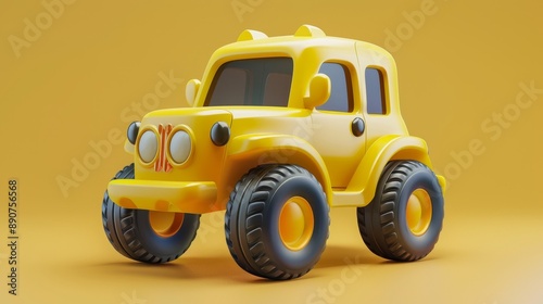 3D cartoon yellow toy car on a light background. Kids' vehicle. Baby transport mode. 