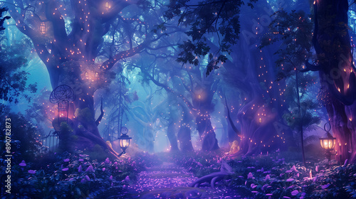 Magical fantasy fairy tale scenery night in a forest