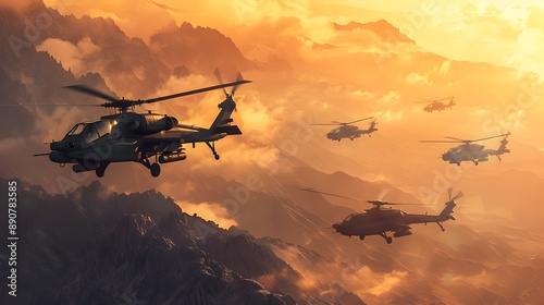 Squadron of Attack Helicopters Soaring Over Mountainous Terrain