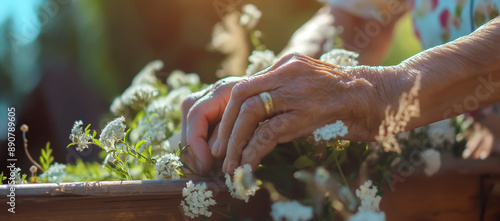 Último adeus, mãos de uma velha no caixão durante o funeral, caixão com flores, banner da web para cerimônia de sepultamento ao ar livre