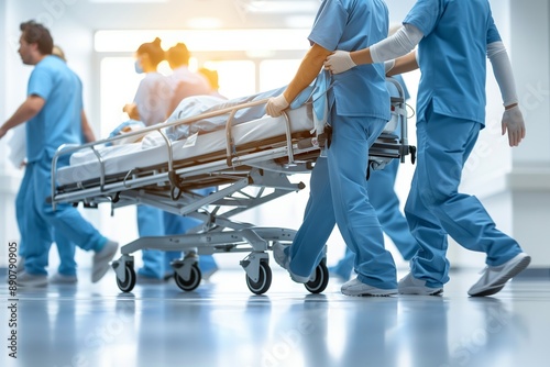 Medical Staff Pushing Patient On A Hospital Gurney In A Bright Corridor