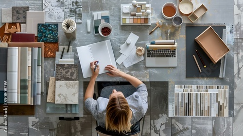 Overhead photo of woman interior designer at work