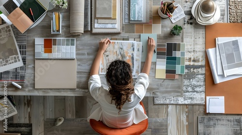 Overhead photo of woman interior designer at work