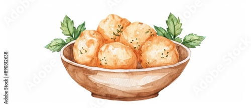 A delightful watercolor scene showing pani puri, created in kawaii style, isolated on a white background