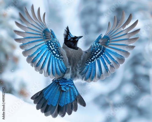 Colorado Bird - Steller's Jay Spreads its Wings in Flight over Rocky Mountain Forest