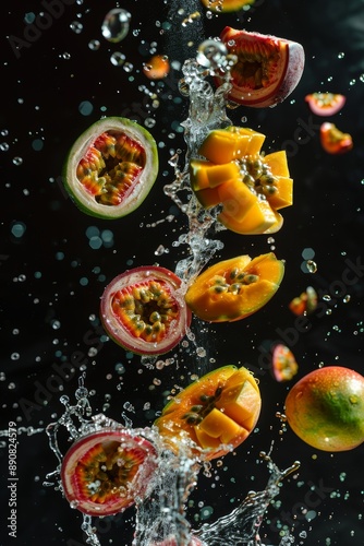 Floating passion fruits and mangoes with splashes are captured dramatically against a dark background, embodying freshness and vitality.