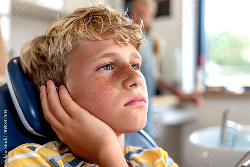 A blond boy is sitting in a dental chair, suffering from a toothache with his hand on his cheek.