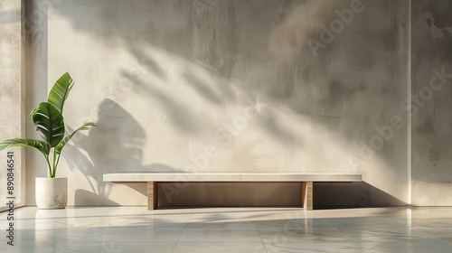 A wooden bench sits in a minimalist setting, with a solitary plant creating shadows on a softly illuminated concrete wall.