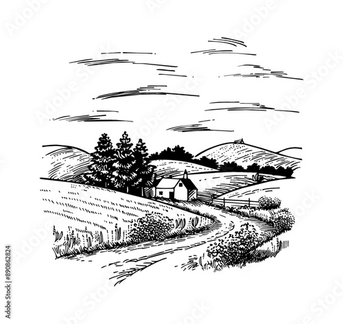 rural village road landscape engraving black and white outline