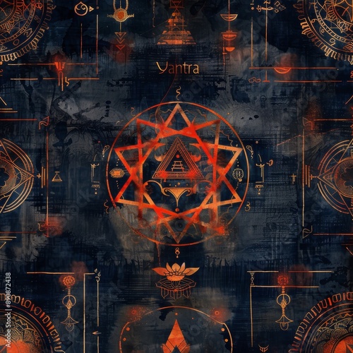 background adorned with mystical symbols such as the "Sri Yantra" and "Ankh." 