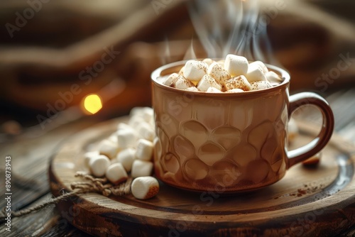 A rustic mug filled with steaming hot chocolate topped with marshmallows. Perfect for cozy autumn or winter days.