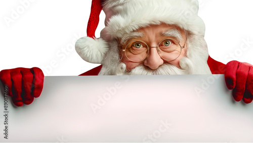 Santa Claus Peeking Over Blank Sign: Festive Christmas Holiday Greeting Template.