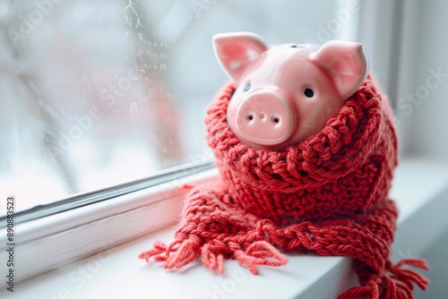 Piggy bank in red crochet scarf on white windowsill in winter. Heat saving, heating prices. Thermal insulation of building or dwelling, Generative AI