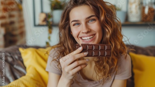 At home, unwinding, a woman holding a chocolate bar, grinning, consuming candy, feeling peckish, and dessert. Individual, residence, or girl lounging on a sofa, confections or sweets with a snack, die